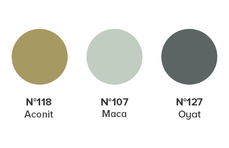 Nuancier de peintures Sign’NATURE : Aconit n°118, Maca n°107 et Oyat n°127.