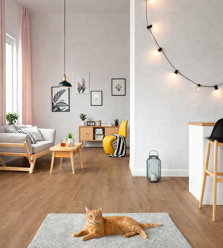 Une famille assise autour d’une table en train de choisir des couleurs de peinture et des matériaux pour leur maison, entourée de cartons de déménagement.