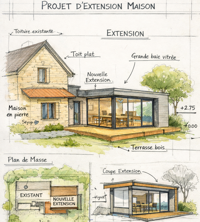 Croquis architectural d’une extension de maison avec toit plat, grande baie vitrée et terrasse bois, incluant plan de masse et vues 3D annotées.